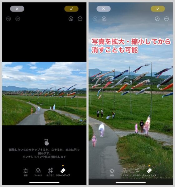 写真を拡大・縮小してから消すことも可能