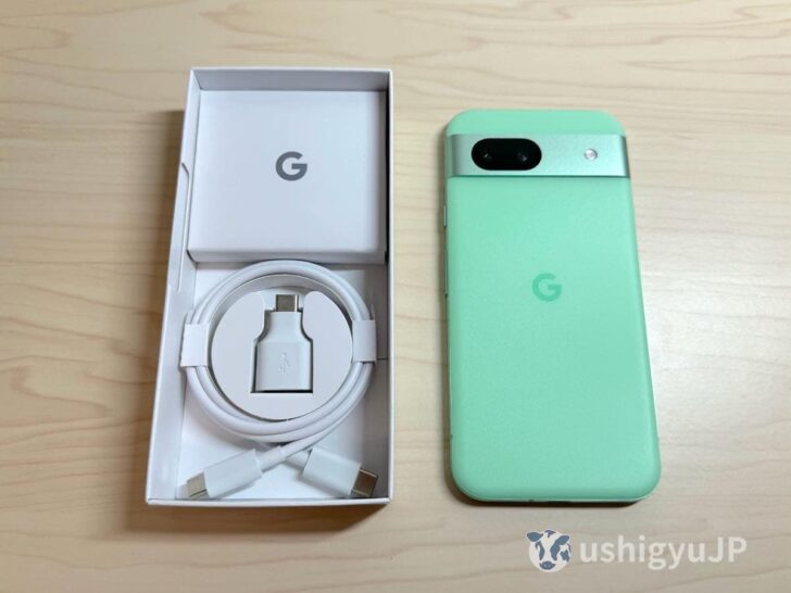 Pixel 8a Aloe本体のほかにUSB-C to USB-Cケーブル、USB-AからUSB-Cへの変換ケーブルも付属